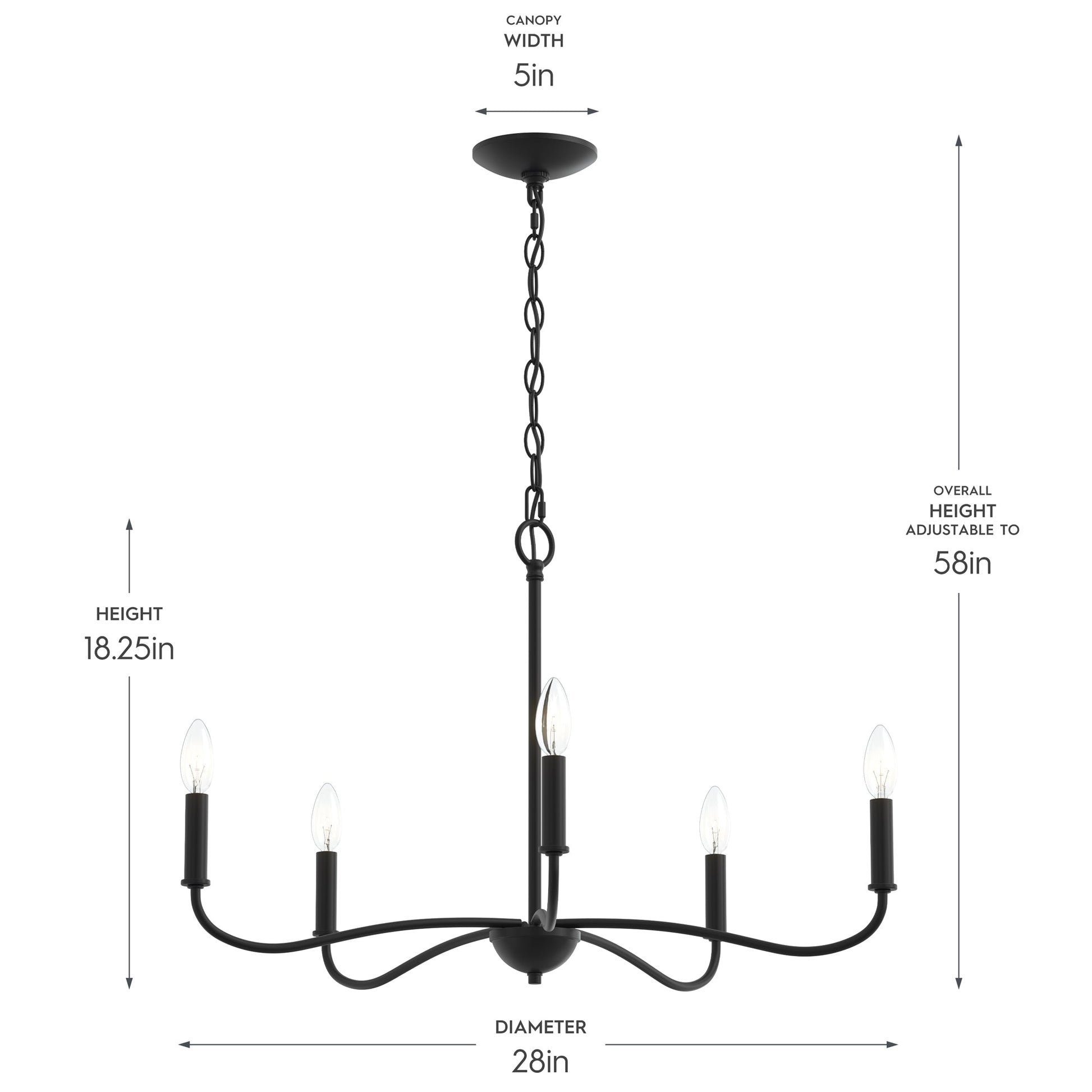 Progress Lighting P400462-31M Ilia Matte Black Chandelier dimensions diagram - 28in diameter 18.25in height