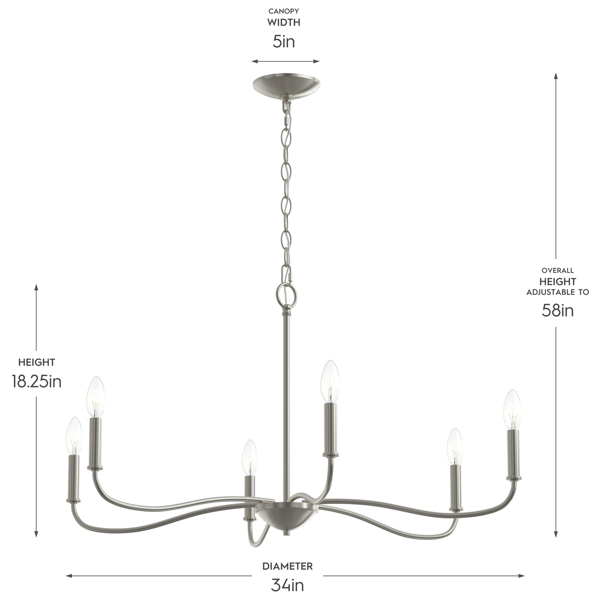 Progress Lighting P400463-009 Ilia Chandelier dimensions diagram - 34in diameter, 18.25in height, adjustable to 58in overall height
