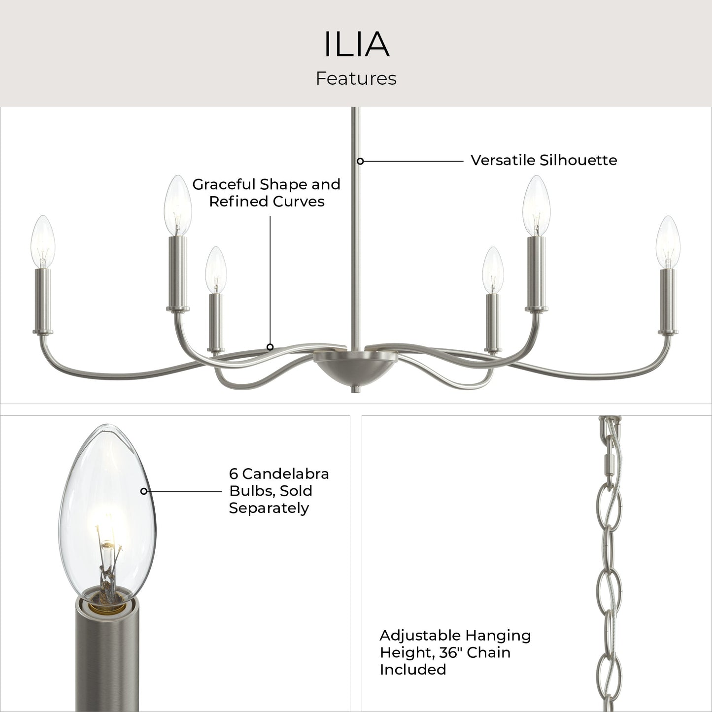 Progress Lighting P400463-009 Ilia Chandelier features infographic highlighting graceful curves, candelabra bulbs, and adjustable chain