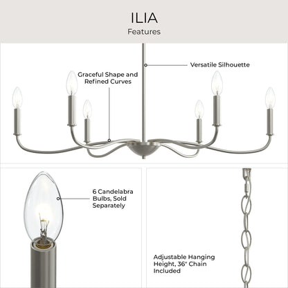 Progress Lighting P400463-009 Ilia Chandelier features infographic highlighting graceful curves, candelabra bulbs, and adjustable chain