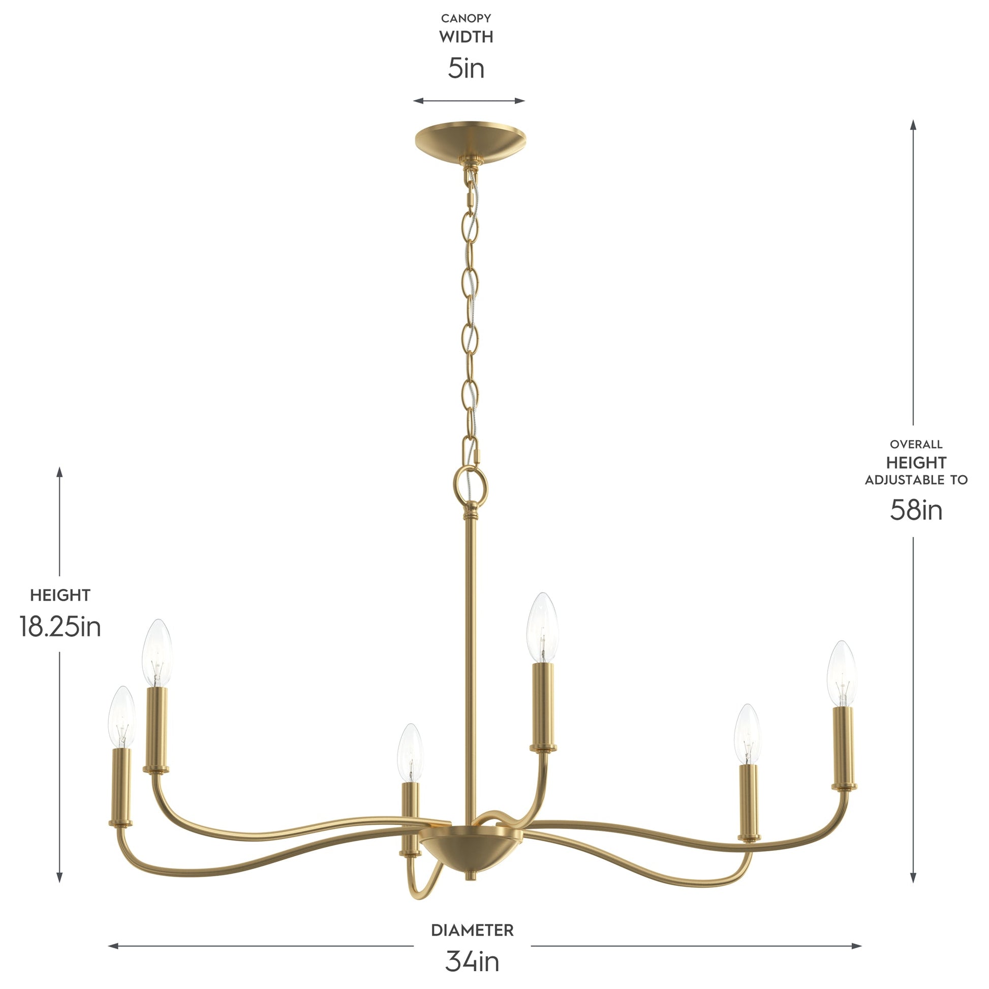 Progress Lighting P400463-191 Ilia Chandelier dimensions diagram - 34in diameter, 18.25in height, adjustable to 58in overall height