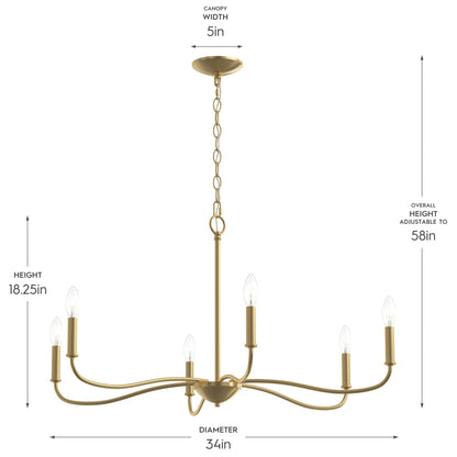 Progress Lighting P400463-191 Ilia Chandelier dimensions diagram - 34in diameter, 18.25in height, adjustable to 58in overall height