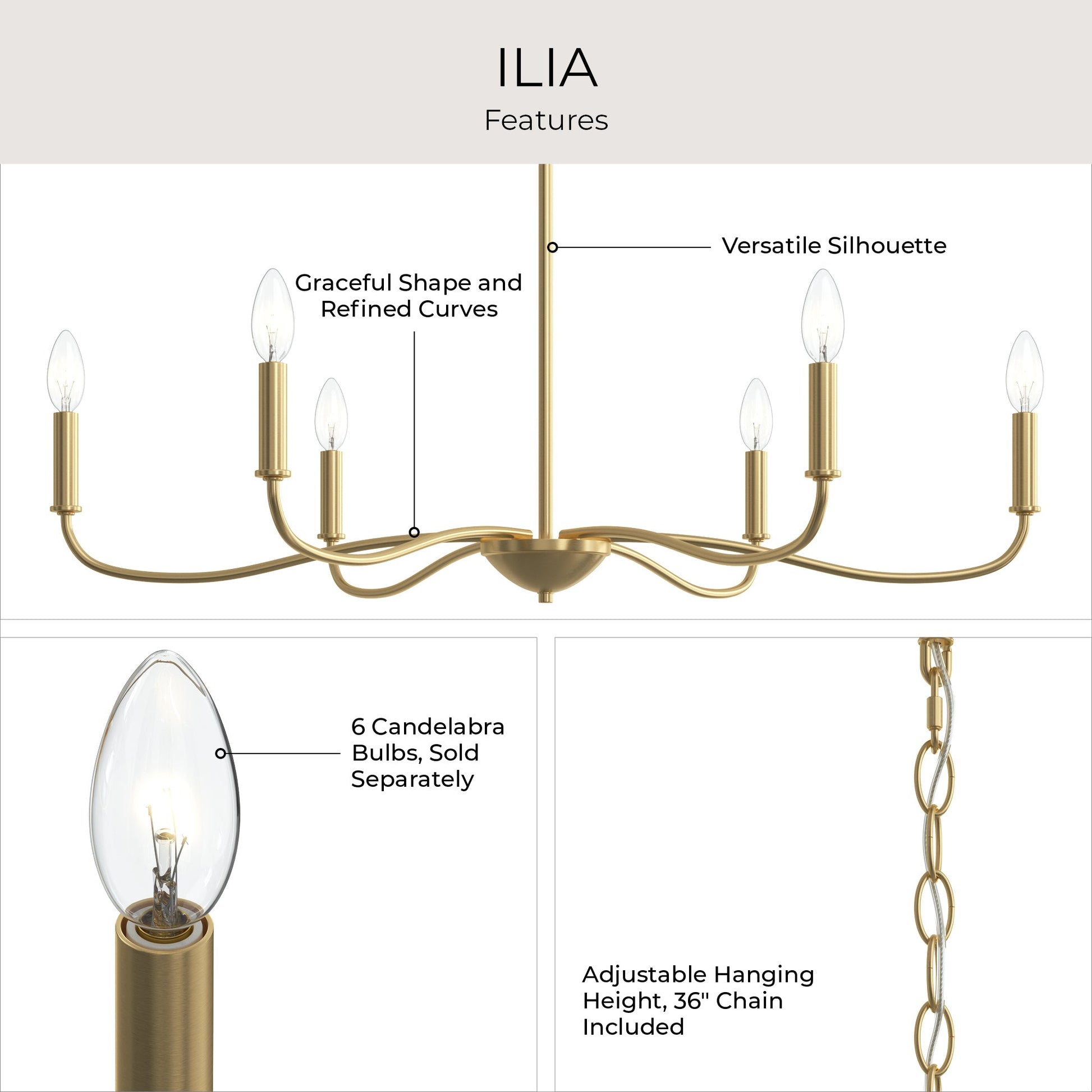Progress Lighting P400463-191 Ilia Chandelier features infographic highlighting graceful curves, candelabra bulbs, and adjustable chain