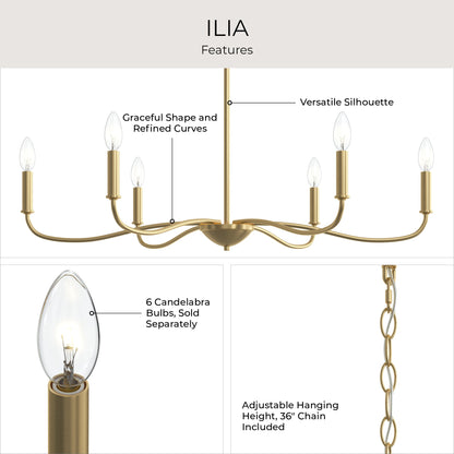 Progress Lighting P400463-191 Ilia Chandelier features infographic highlighting graceful curves, candelabra bulbs, and adjustable chain