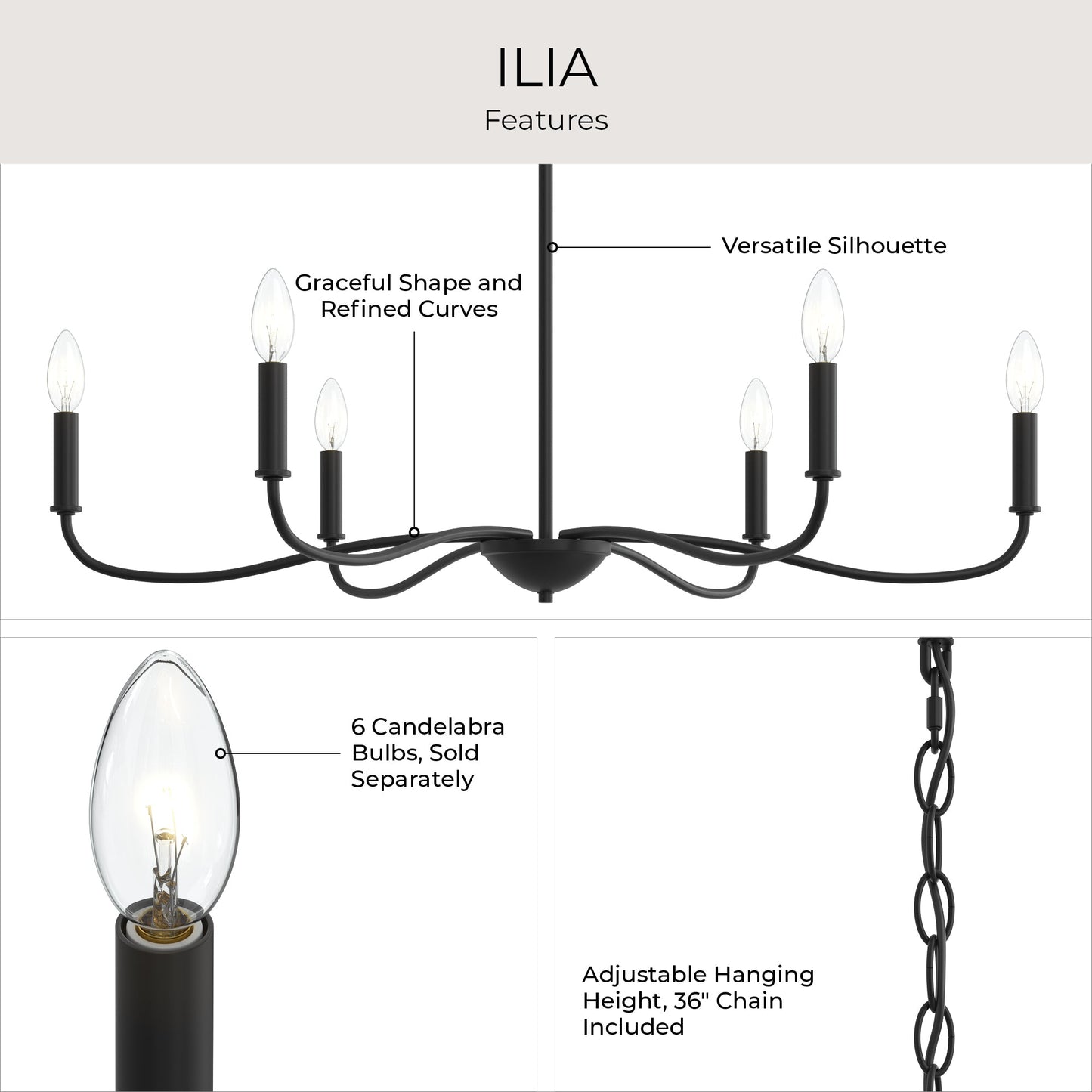 Progress Lighting P400463-31M Ilia Chandelier Feature Highlights Infographic