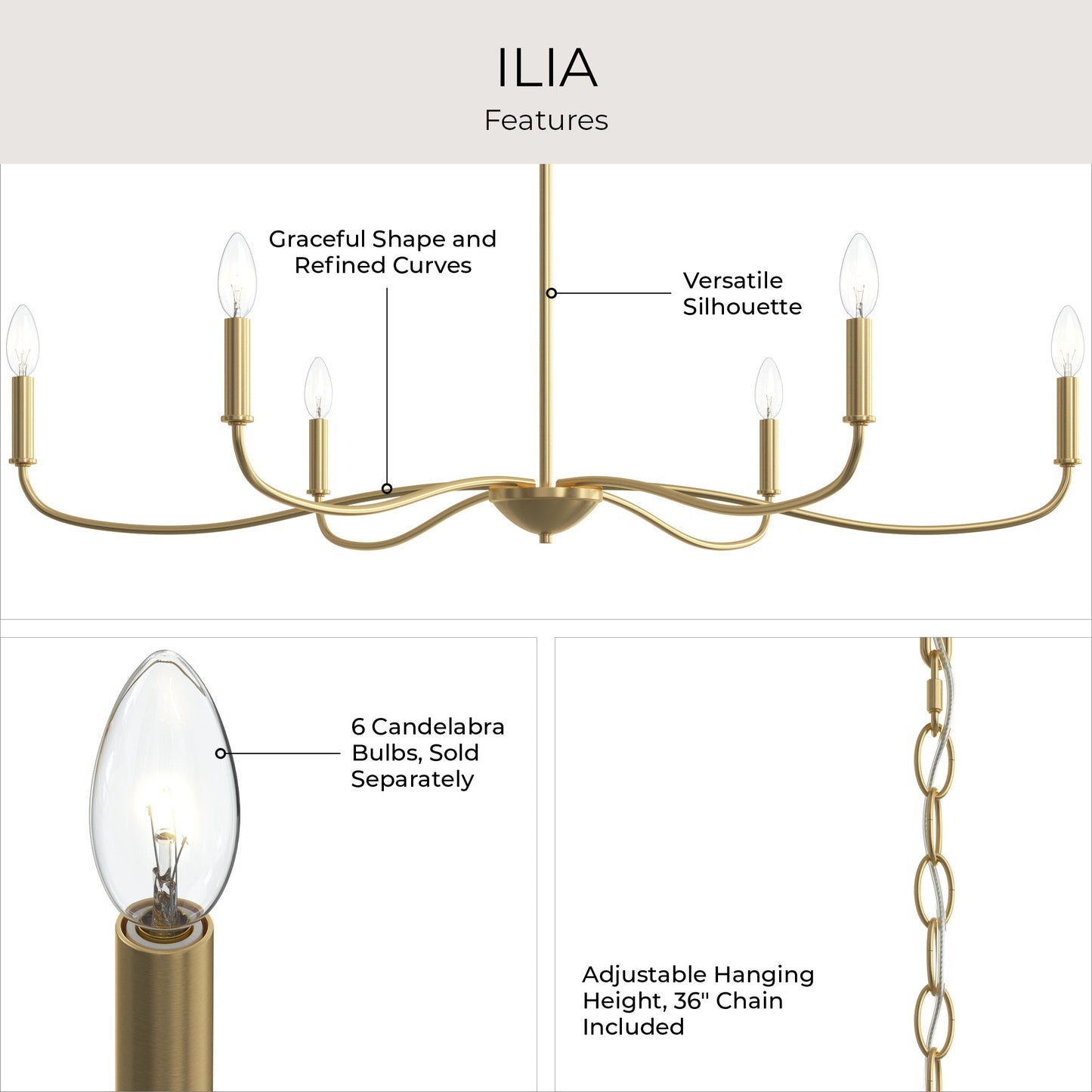 Progress Lighting P400464-191 Ilia Chandelier Features Infographic - Graceful Curves, Versatile Silhouette, 36 inch Chain Included