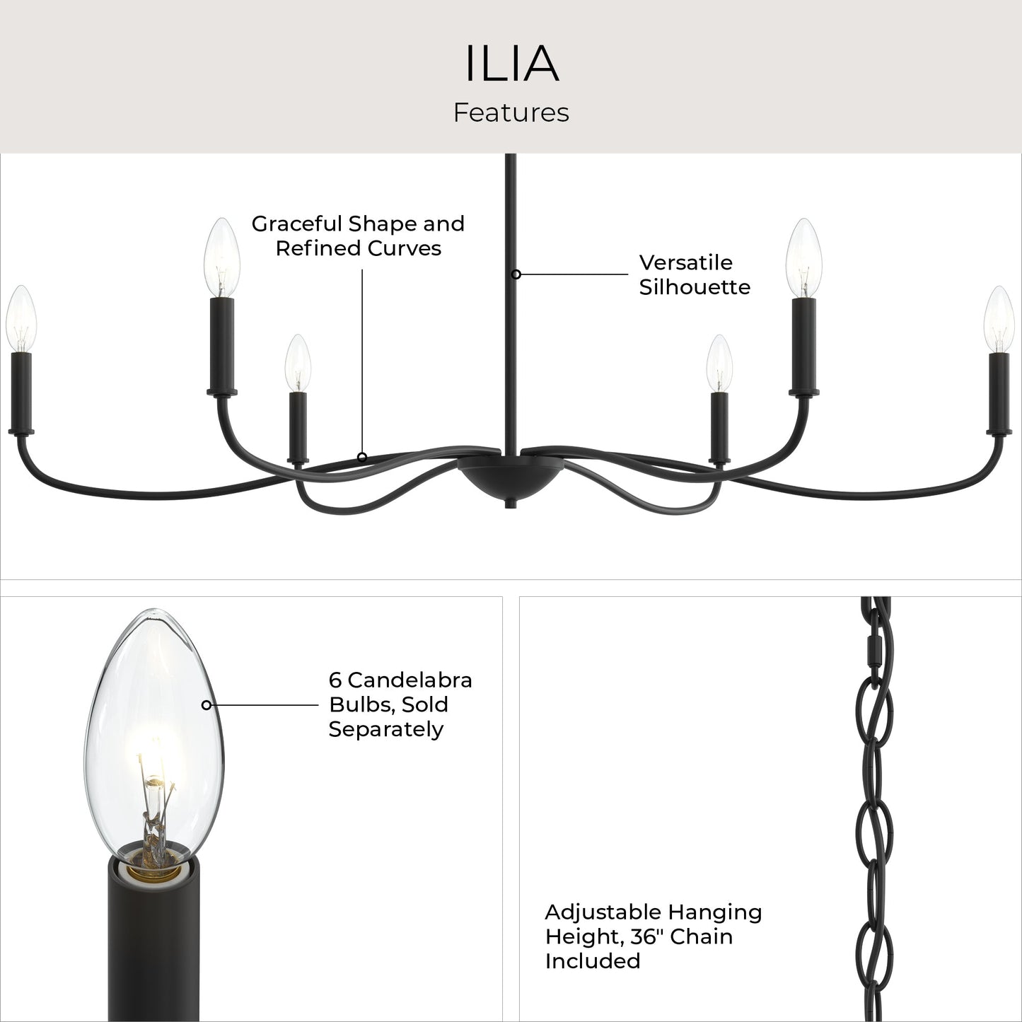 Progress Lighting P400464-31M Ilia 6-Light Matte Black Chandelier - Feature Infographic