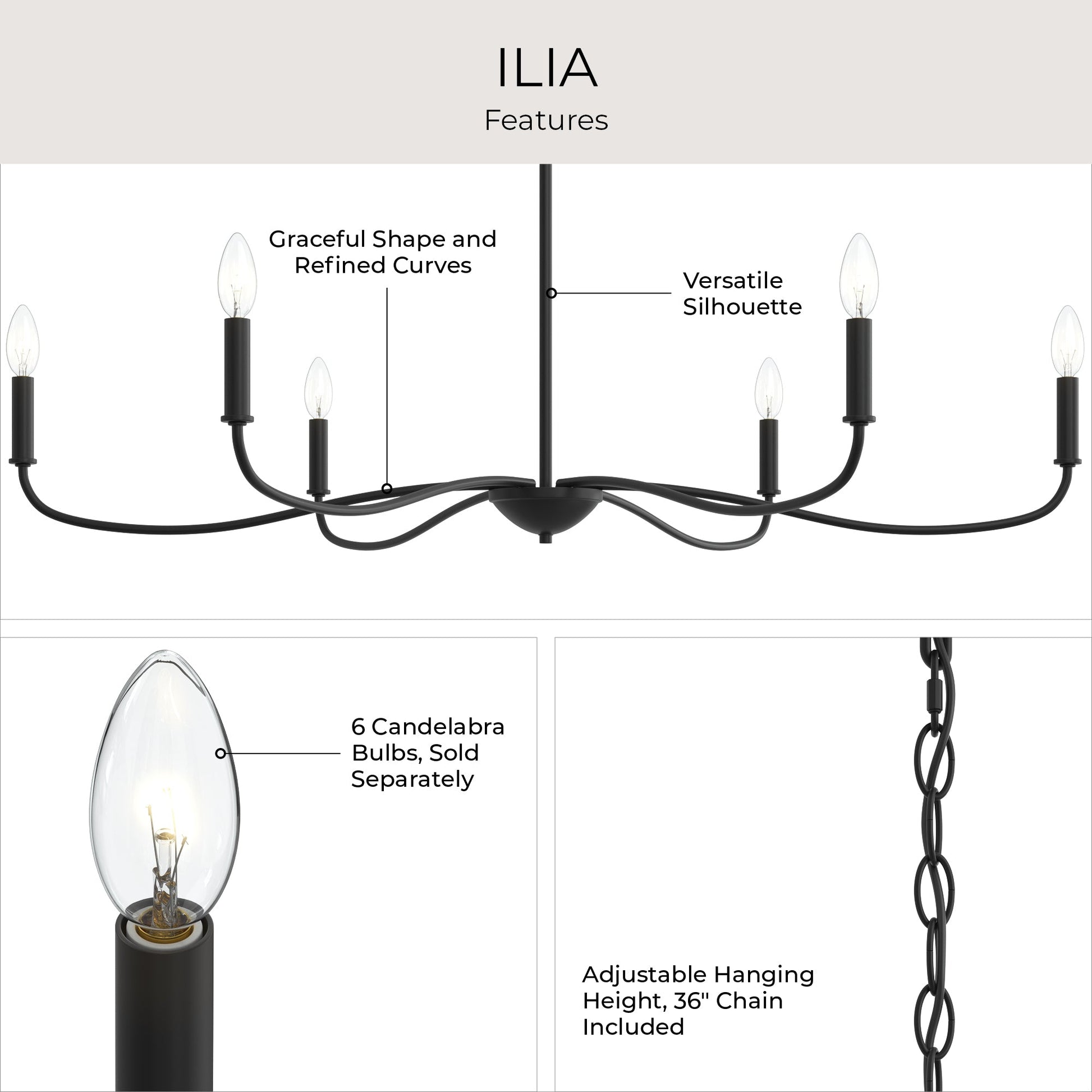 Progress Lighting P400464-31M Ilia 6-Light Matte Black Chandelier - Feature Infographic
