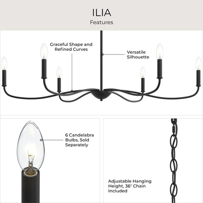 Progress Lighting P400464-31M Ilia 6-Light Matte Black Chandelier - Feature Infographic