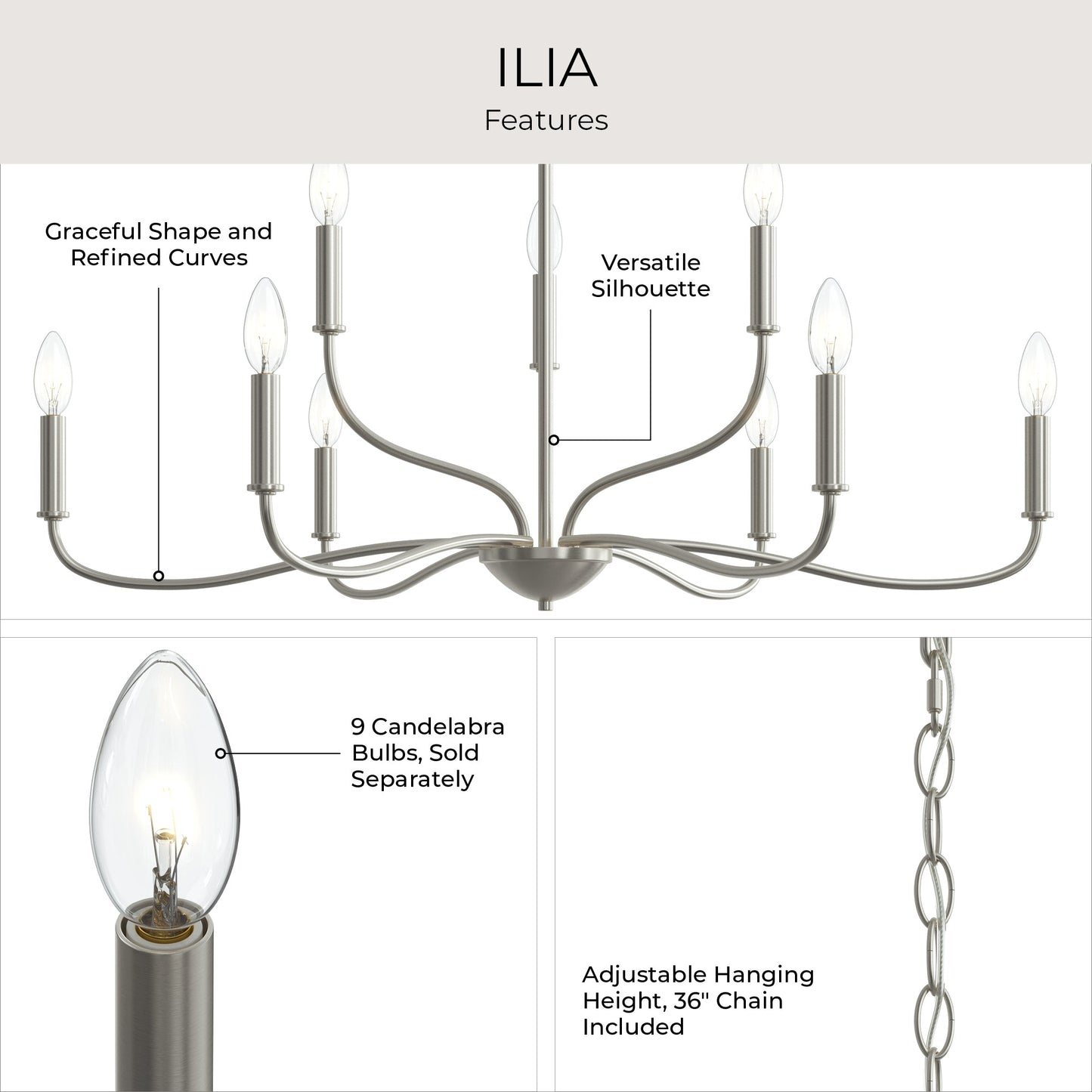 Progress Lighting P400465-009 Ilia Chandelier Features - Graceful Shape Refined Curves Versatile Silhouette 36in Chain Included