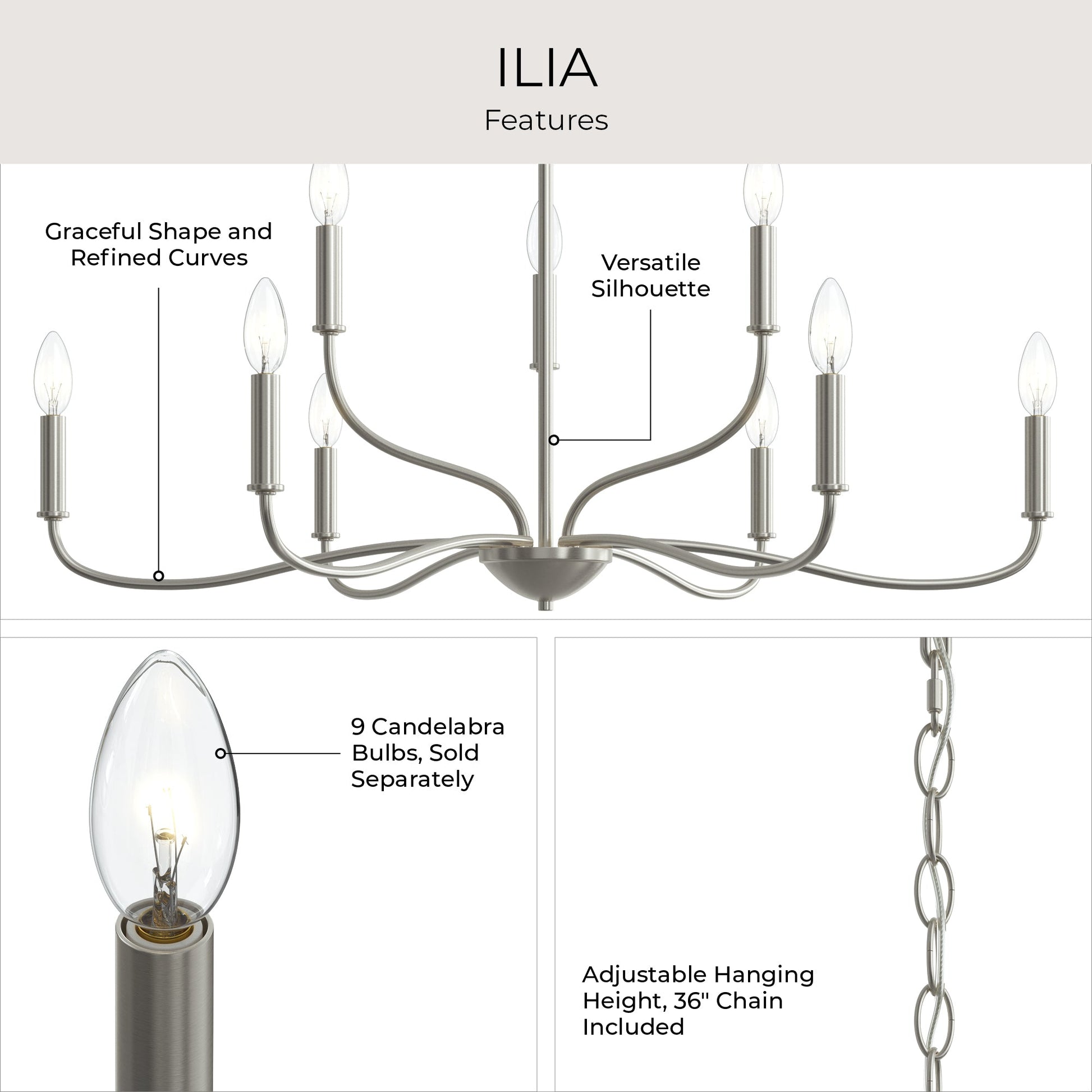 Progress Lighting P400465-009 Ilia Chandelier Features - Graceful Shape Refined Curves Versatile Silhouette 36in Chain Included