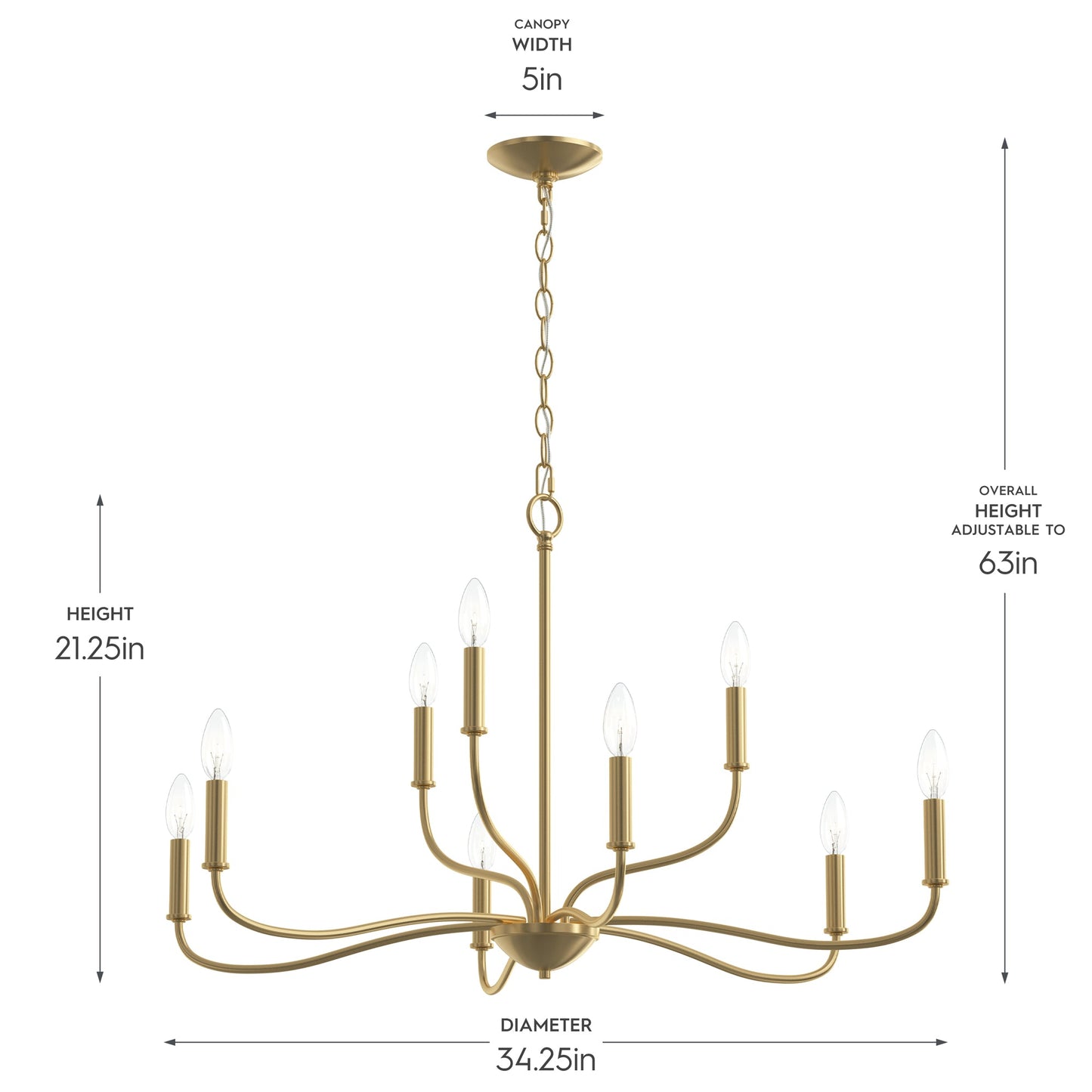 Progress Lighting P400465-191 Ilia 9-Light Chandelier dimension diagram showing 34.25in diameter, 21.25in height, 5in canopy width, and 63in adjustable overall height