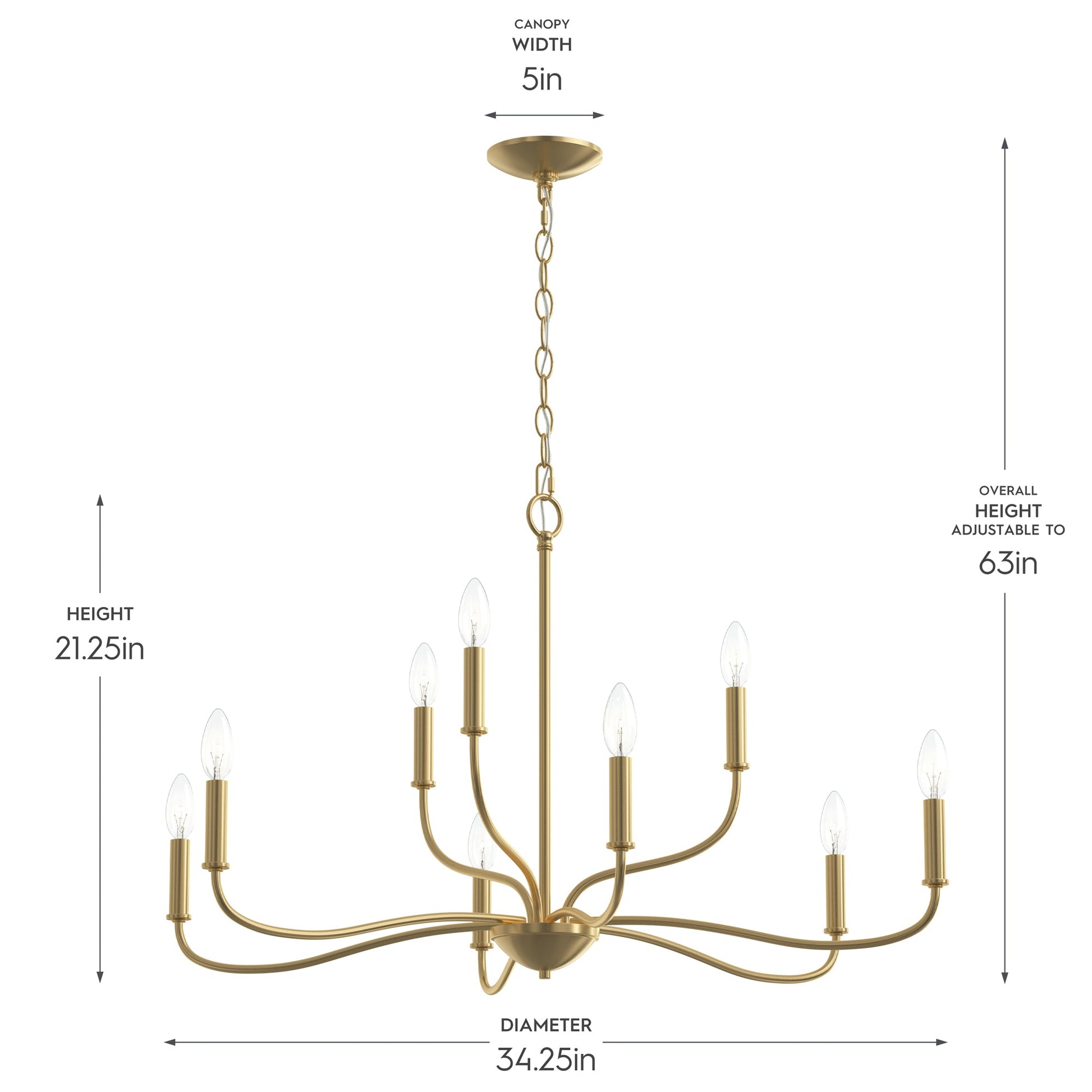 Progress Lighting P400465-191 Ilia 9-Light Chandelier dimension diagram showing 34.25in diameter, 21.25in height, 5in canopy width, and 63in adjustable overall height