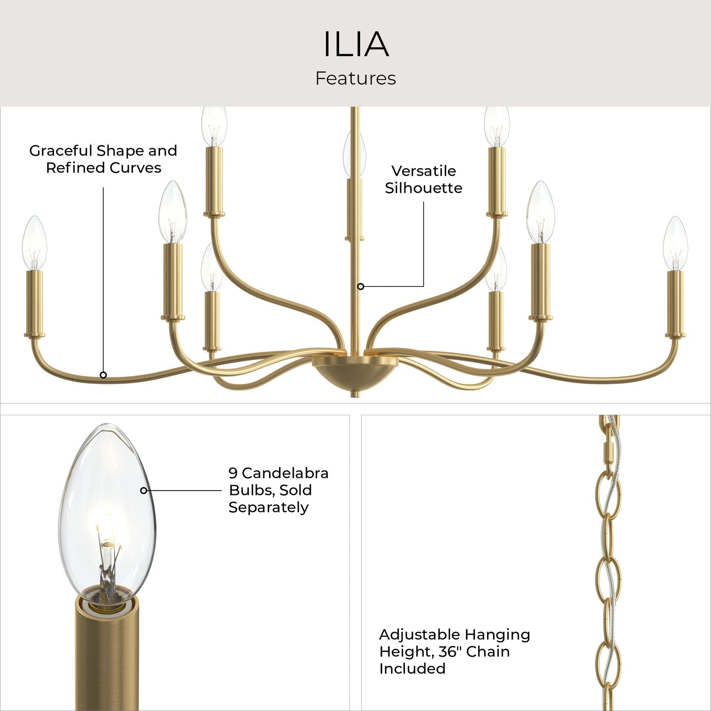 Progress Lighting P400465-191 Ilia 9-Light Chandelier features infographic highlighting graceful curves, versatile silhouette, 9 candelabra bulbs, and 36-inch chain