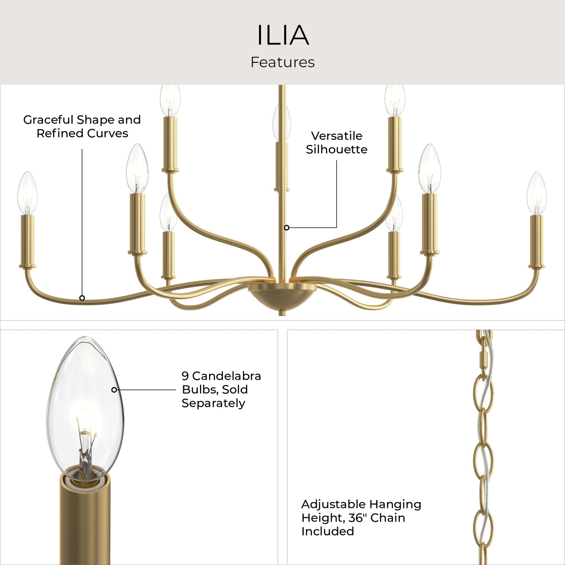 Progress Lighting P400465-191 Ilia 9-Light Chandelier features infographic highlighting graceful curves, versatile silhouette, 9 candelabra bulbs, and 36-inch chain