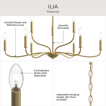 Progress Lighting P400465-191 Ilia 9-Light Chandelier features infographic highlighting graceful curves, versatile silhouette, 9 candelabra bulbs, and 36-inch chain