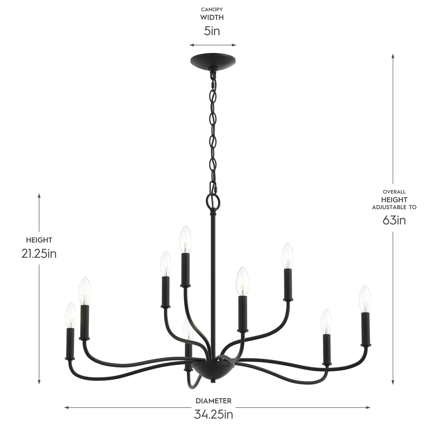 Progress Lighting P400465-31M Ilia Chandelier Dimensions - 34.25in Diameter, 21.25in Height, Adjustable to 63in