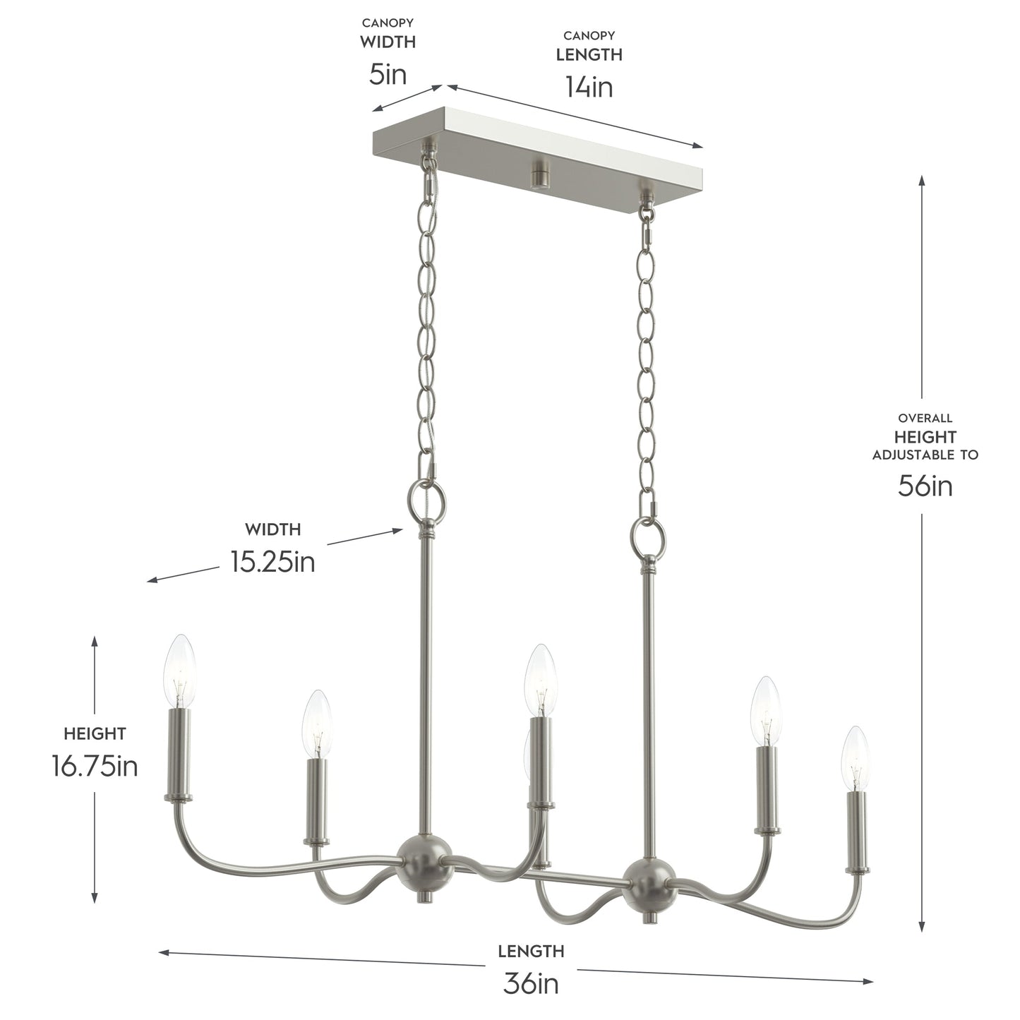 Progress Lighting P400466-009 Ilia 6-Light Brushed Nickel Linear Chandelier Dimensions Diagram