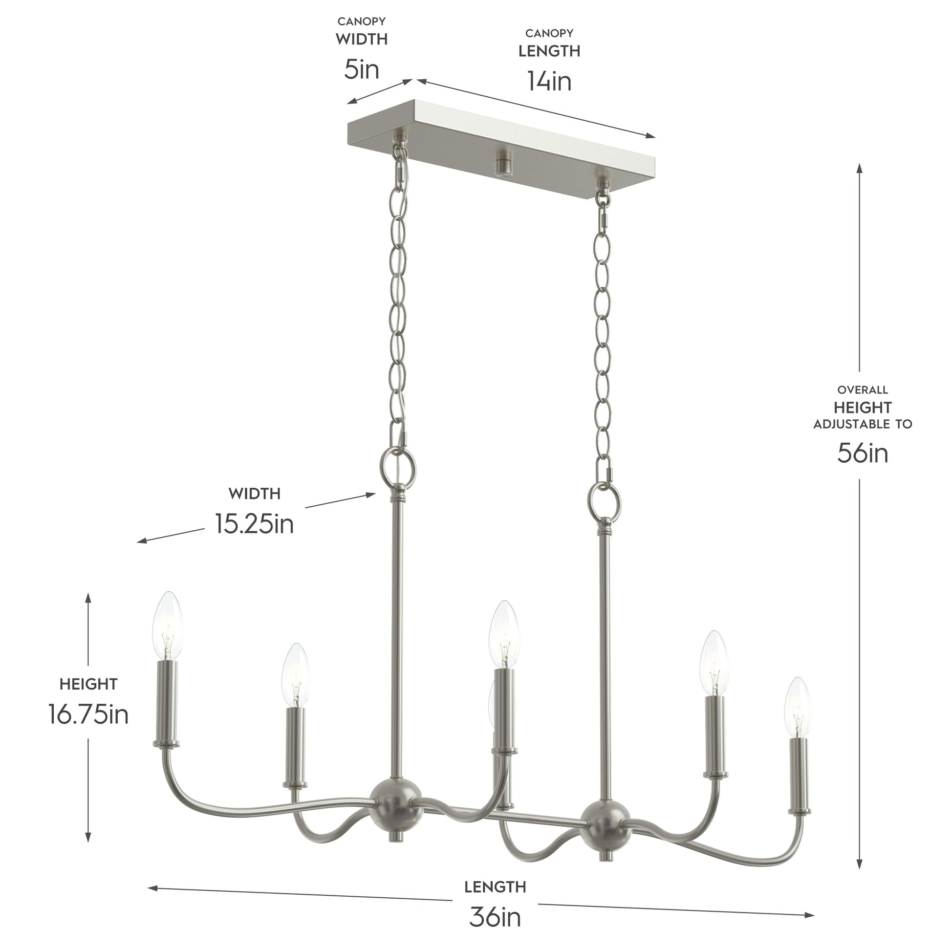 Progress Lighting P400466-009 Ilia 6-Light Brushed Nickel Linear Chandelier Dimensions Diagram