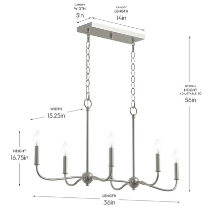 Progress Lighting P400466-009 Ilia 6-Light Brushed Nickel Linear Chandelier Dimensions Diagram