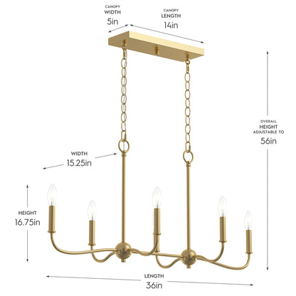 Progress Lighting P400466-191 Ilia Brushed Gold Linear Chandelier Dimensions Diagram