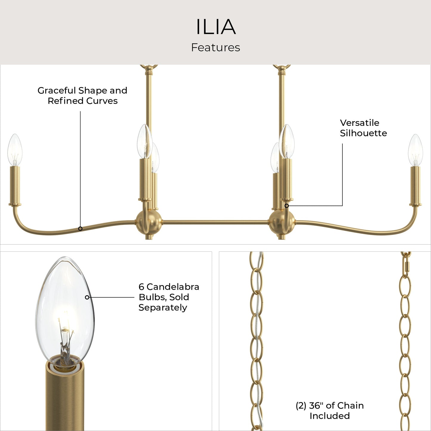 Progress Lighting P400466-191 Ilia Brushed Gold Linear Chandelier Features Infographic
