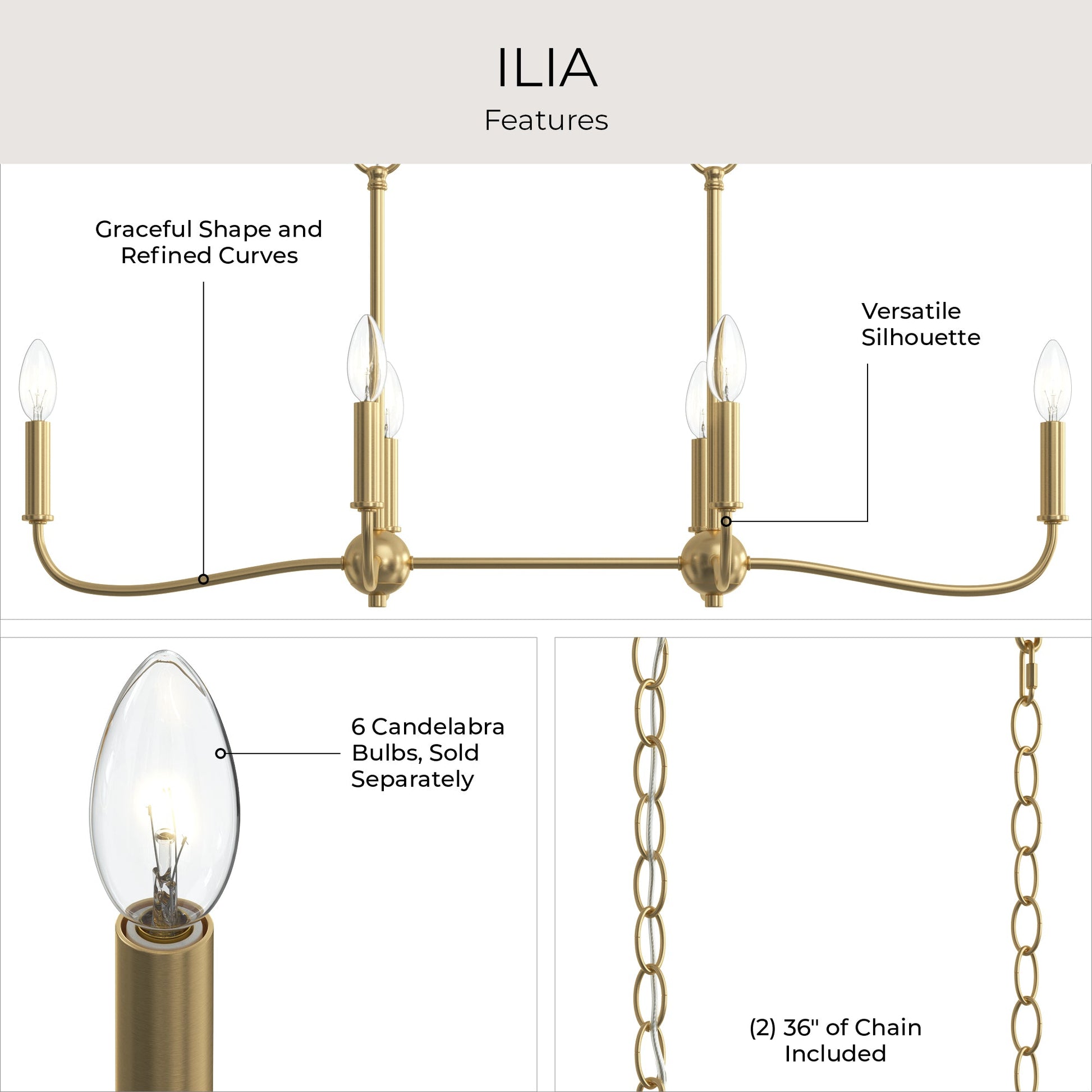 Progress Lighting P400466-191 Ilia Brushed Gold Linear Chandelier Features Infographic