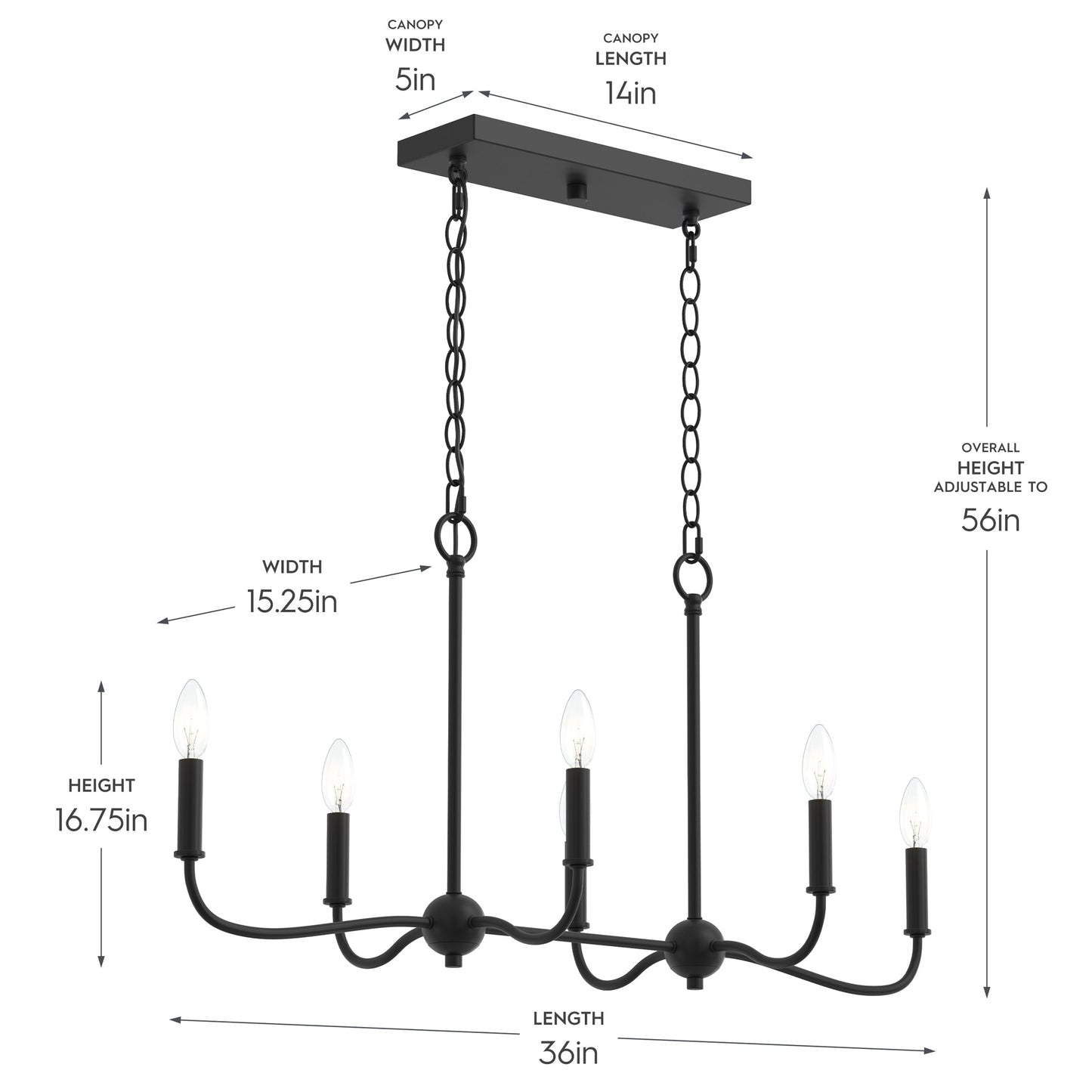 Progress Lighting P400466-31M Ilia Matte Black Linear Chandelier - Dimensions Diagram