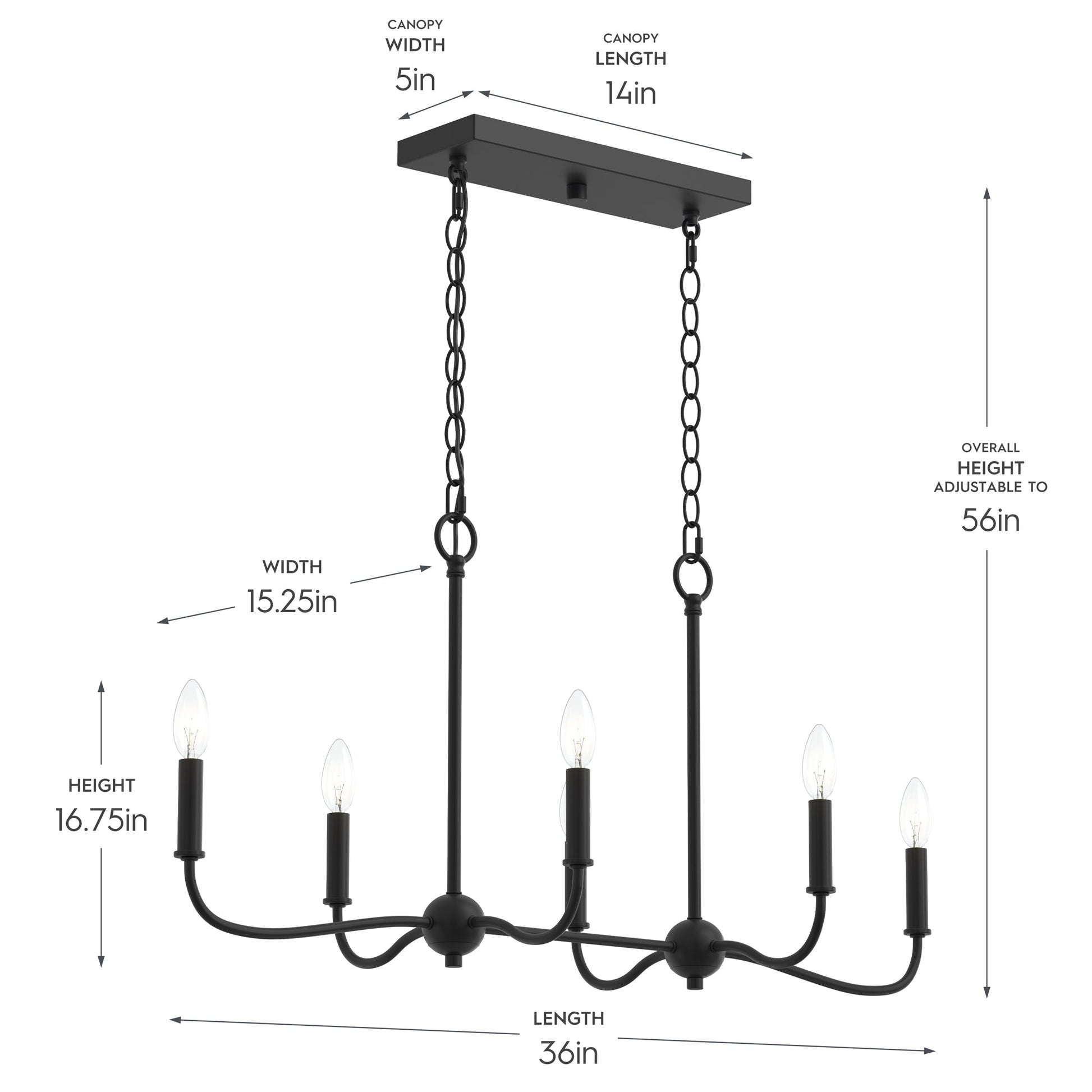 Progress Lighting P400466-31M Ilia Matte Black Linear Chandelier - Dimensions Diagram