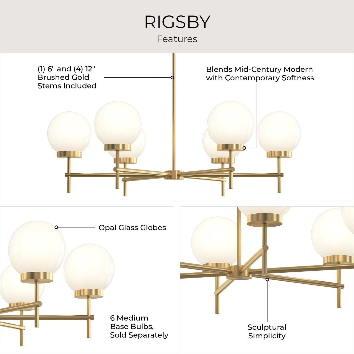Progress Lighting P400469-191 Rigsby 6 Light 36 inch Brushed Gold Chandelier Ceiling Light
