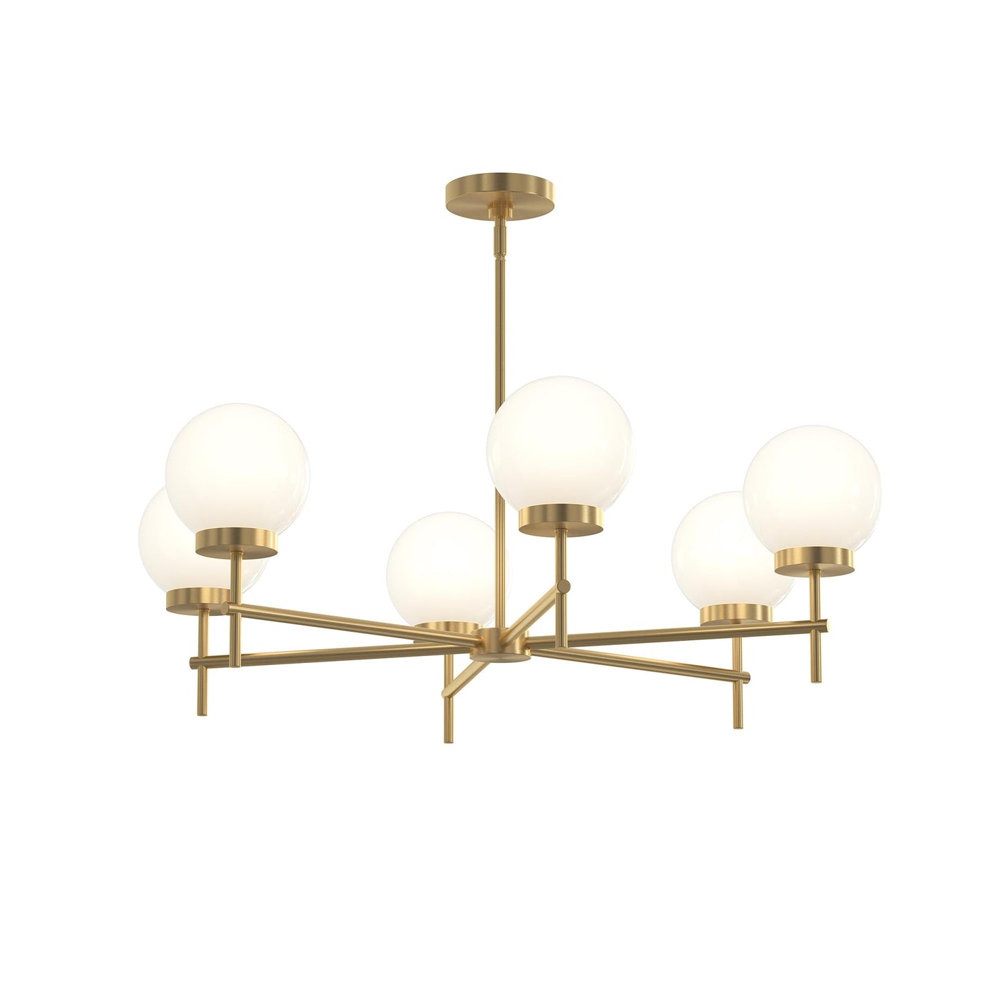 Progress Lighting P400469-191 Rigsby 6 Light Brushed Gold Chandelier with White Globe Shades - Angled View
