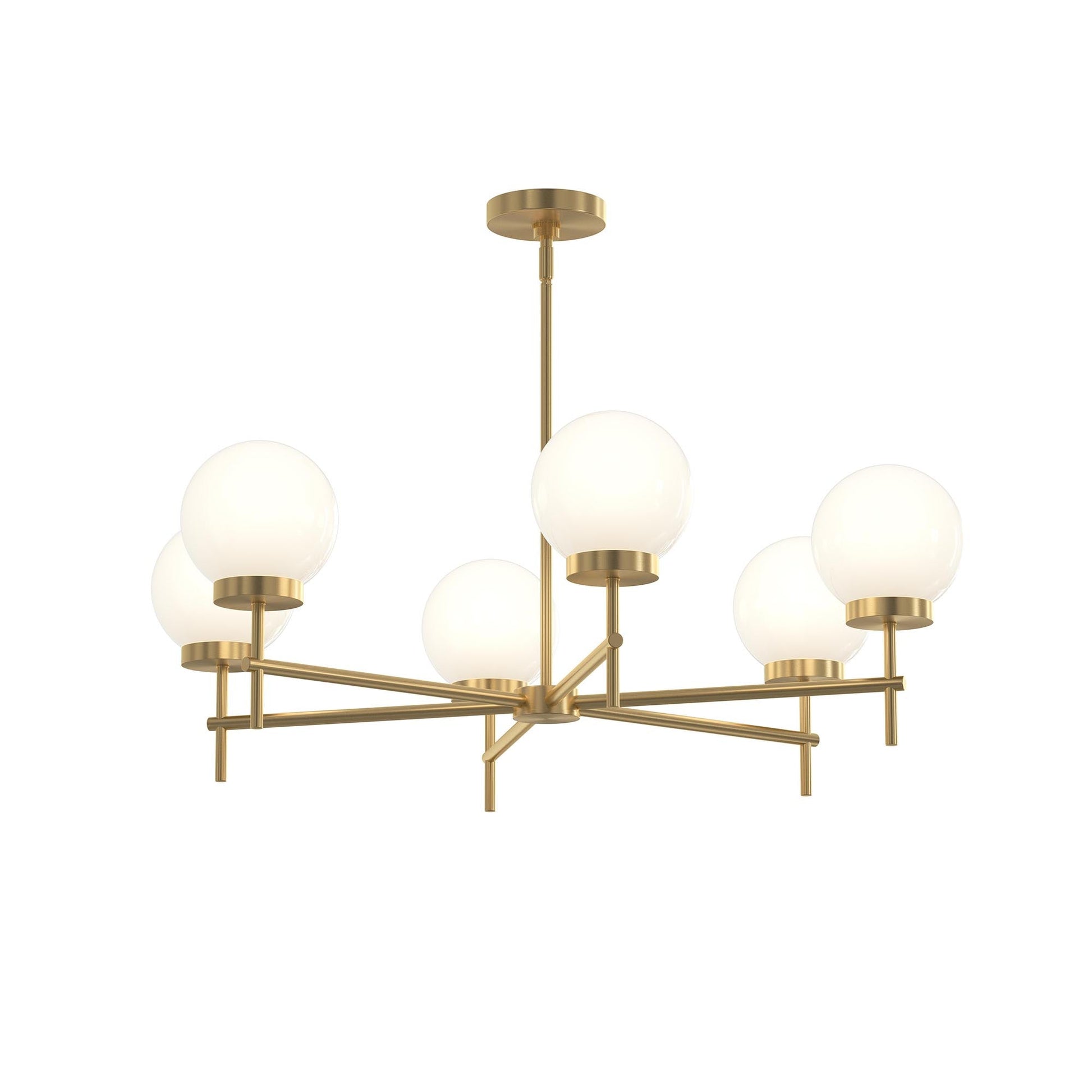Progress Lighting P400469-191 Rigsby 6 Light Brushed Gold Chandelier with White Globe Shades - Angled View