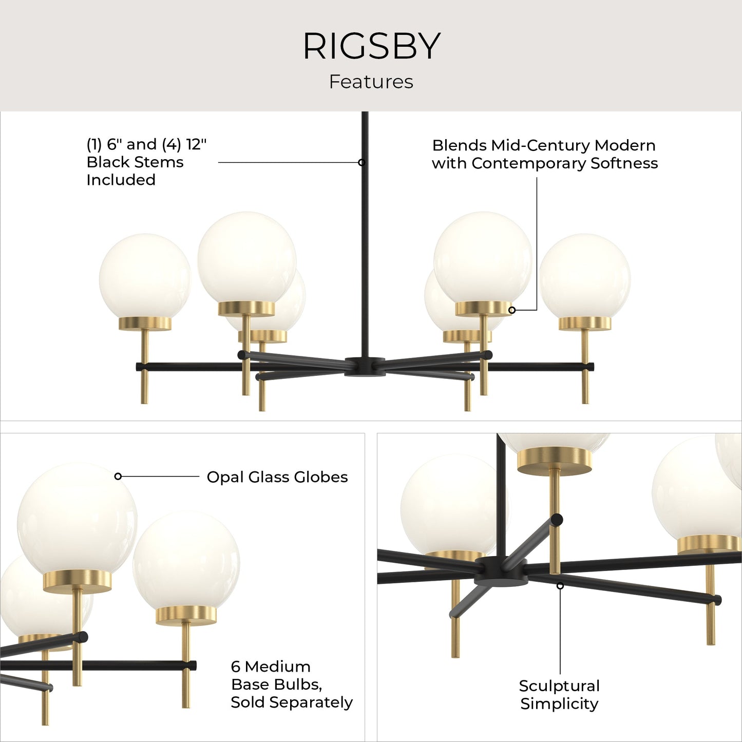Progress Lighting P400469-319 Rigsby 6 Light 36 inch Matte Black with Brushed Gold Chandelier Ceiling Light