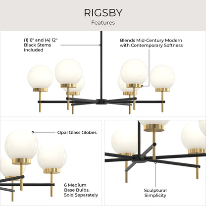 Progress Lighting P400469-319 Rigsby 6 Light 36 inch Matte Black with Brushed Gold Chandelier Ceiling Light