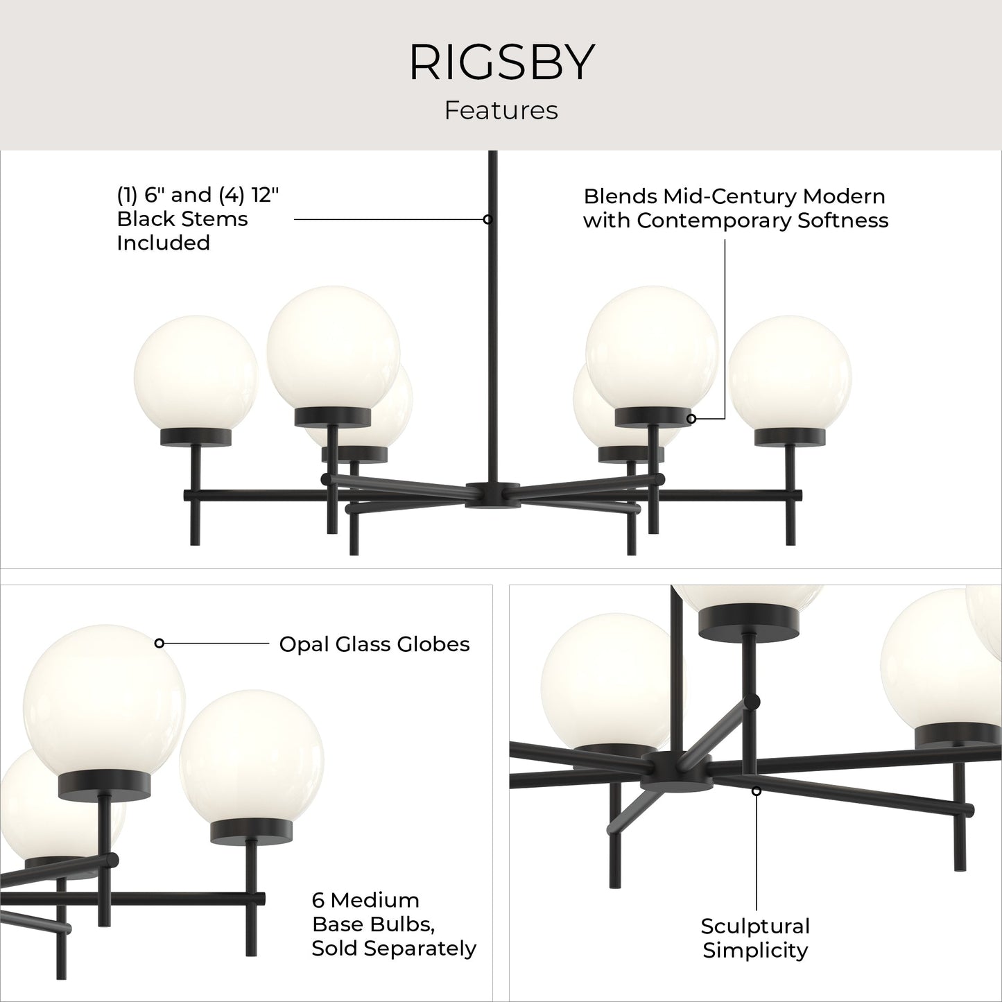 Progress Lighting P400469-31M Rigsby 6 Light 36 Inch Matte Black Chandelier Ceiling Light