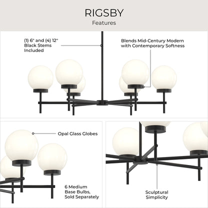 Progress Lighting P400469-31M Rigsby 6 Light 36 Inch Matte Black Chandelier Ceiling Light