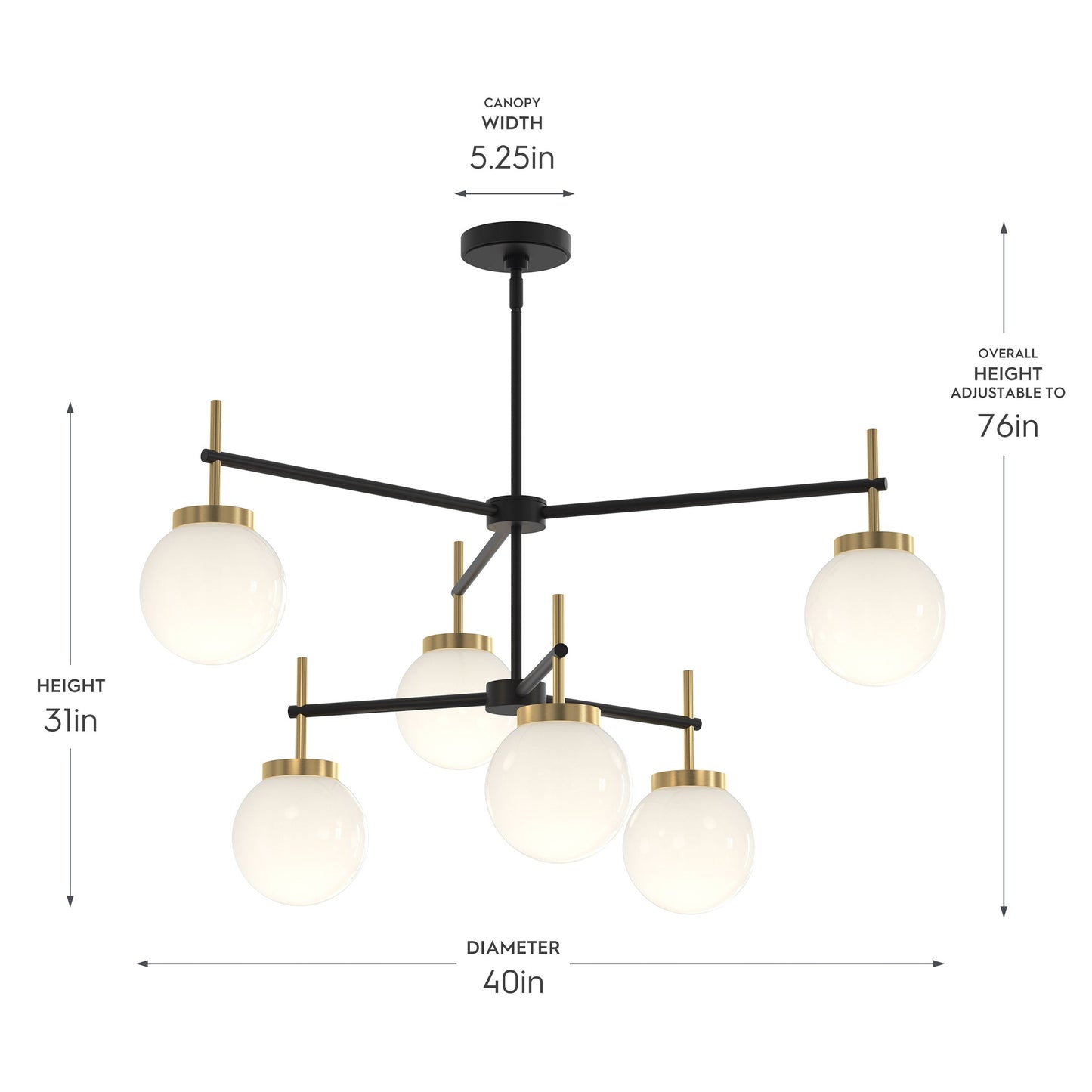 Progress Lighting P400470-319 Rigsby Chandelier Dimensions - 40in Diameter, 31in Height, 5.25in Canopy, Adjustable to 76in