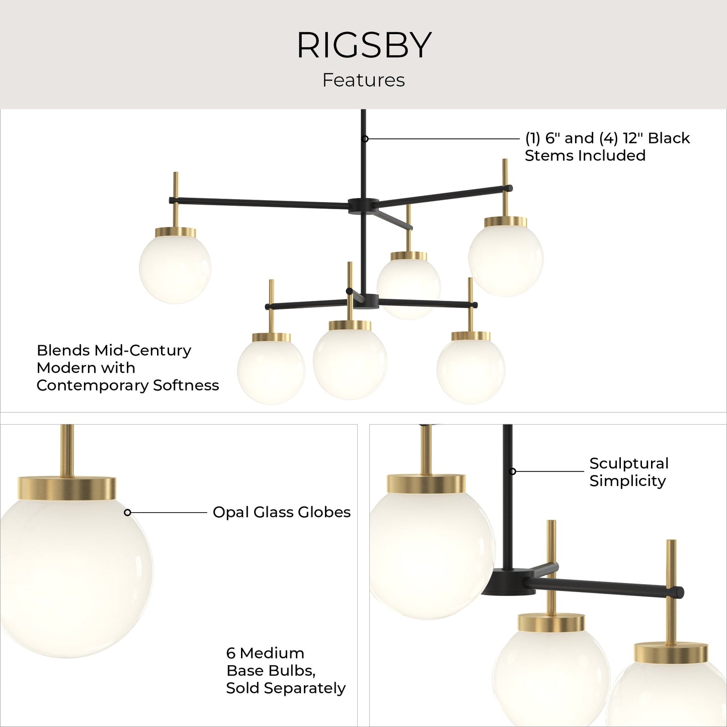 Progress Lighting P400470-319 Rigsby 6 Light Chandelier Features - Opal Glass Globes, Mid-Century Modern Design