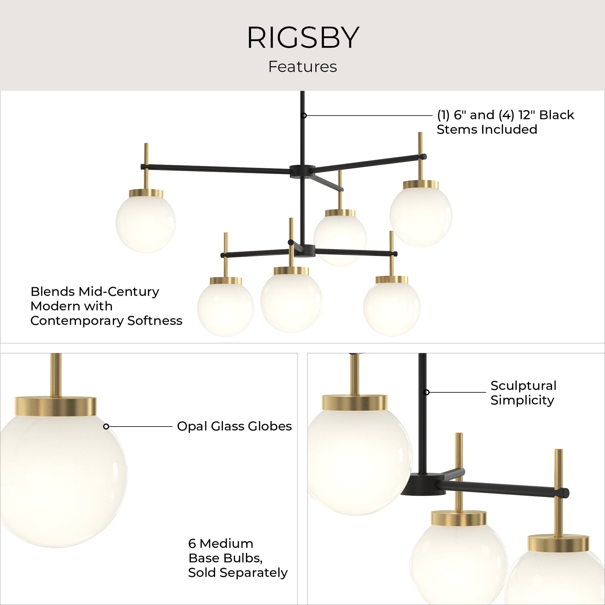 Progress Lighting P400470-319 Rigsby 6 Light Chandelier Features - Opal Glass Globes, Mid-Century Modern Design