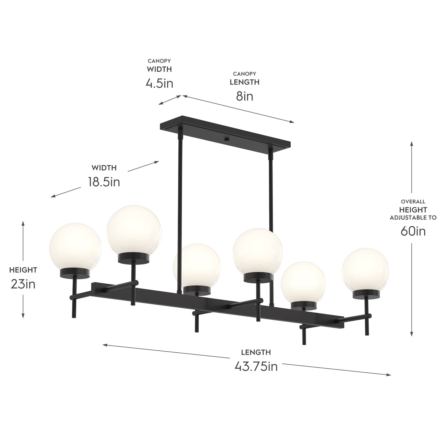 Progress Lighting P400471-31M Rigsby Linear Chandelier - Dimensions Diagram: Length 43.75in, Width 18.5in, Height 23in
