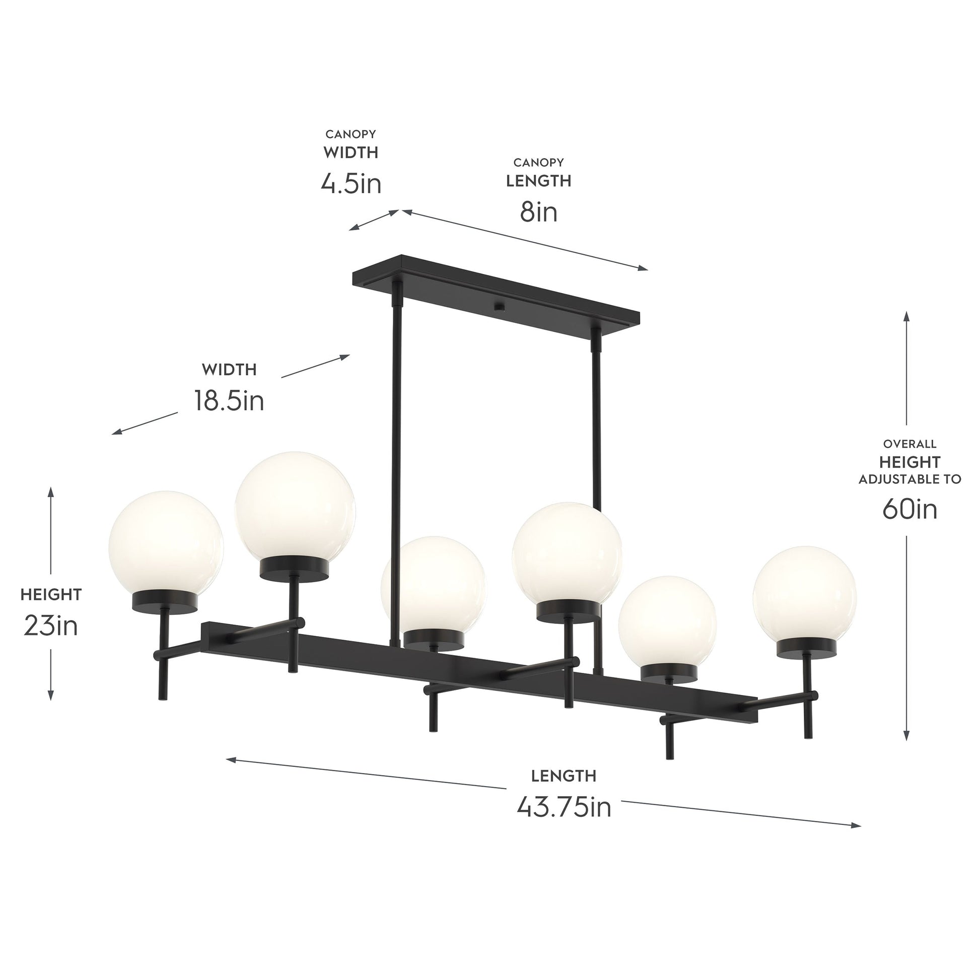 Progress Lighting P400471-31M Rigsby Linear Chandelier - Dimensions Diagram: Length 43.75in, Width 18.5in, Height 23in
