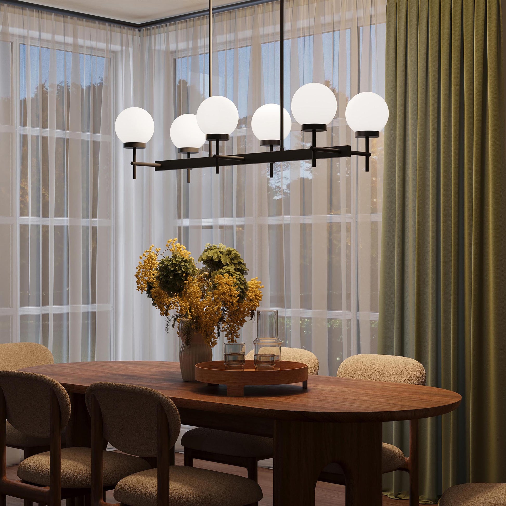 Progress Lighting P400471-31M Rigsby Matte Black Linear Chandelier - Nighttime Dining Room Lifestyle Full View
