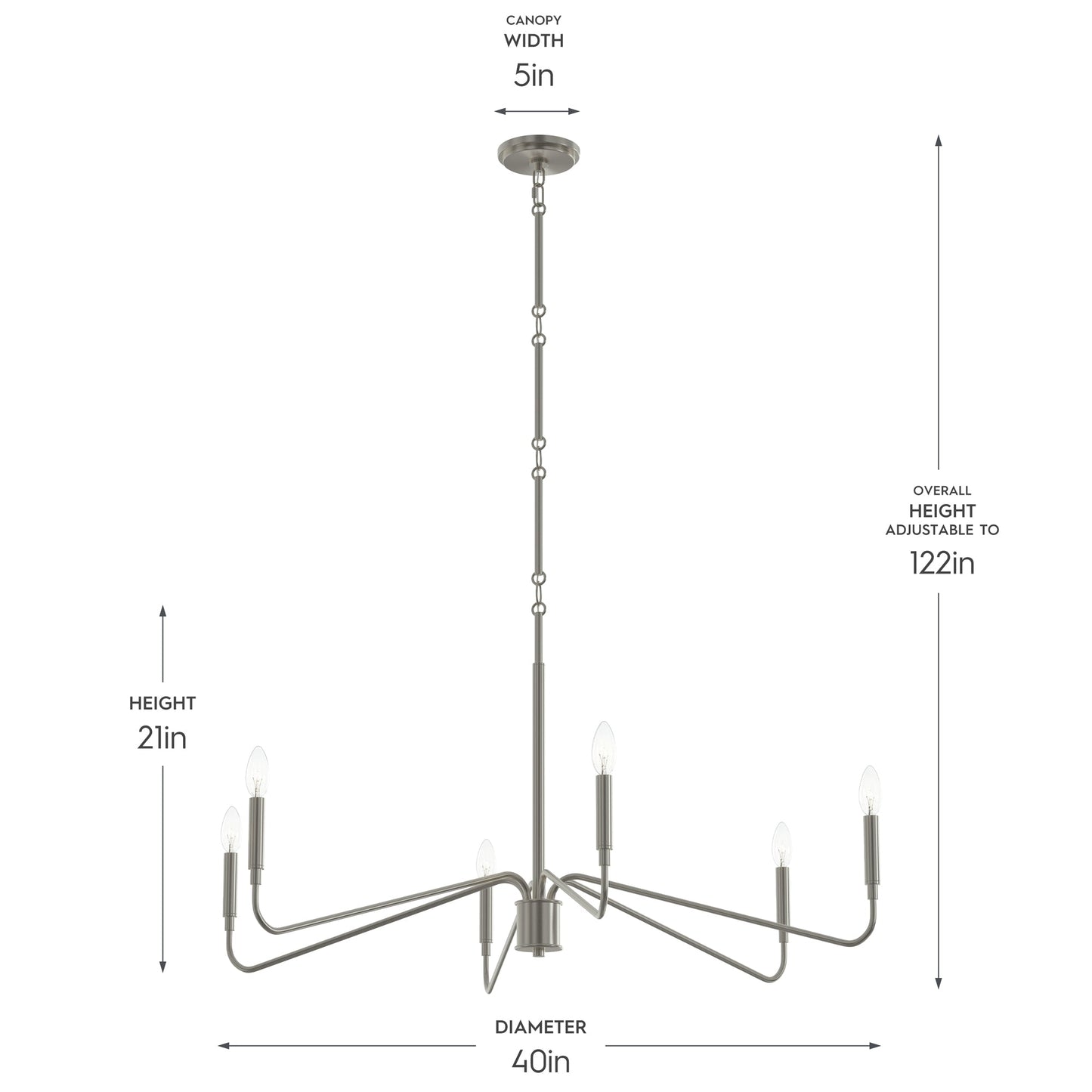 Progress Lighting P400472-009 Pilar Chandelier - Dimensions Diagram (40in Diameter, 21in Height, 122in Adjustable)