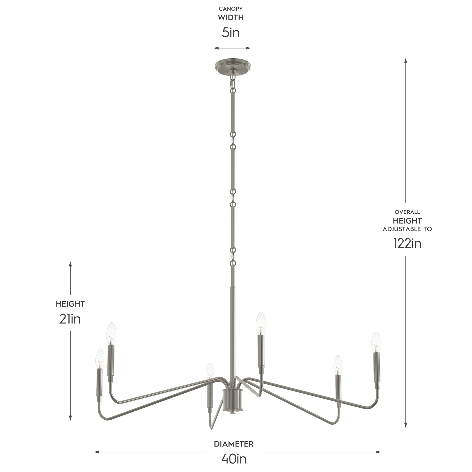 Progress Lighting P400472-009 Pilar Chandelier - Dimensions Diagram (40in Diameter, 21in Height, 122in Adjustable)