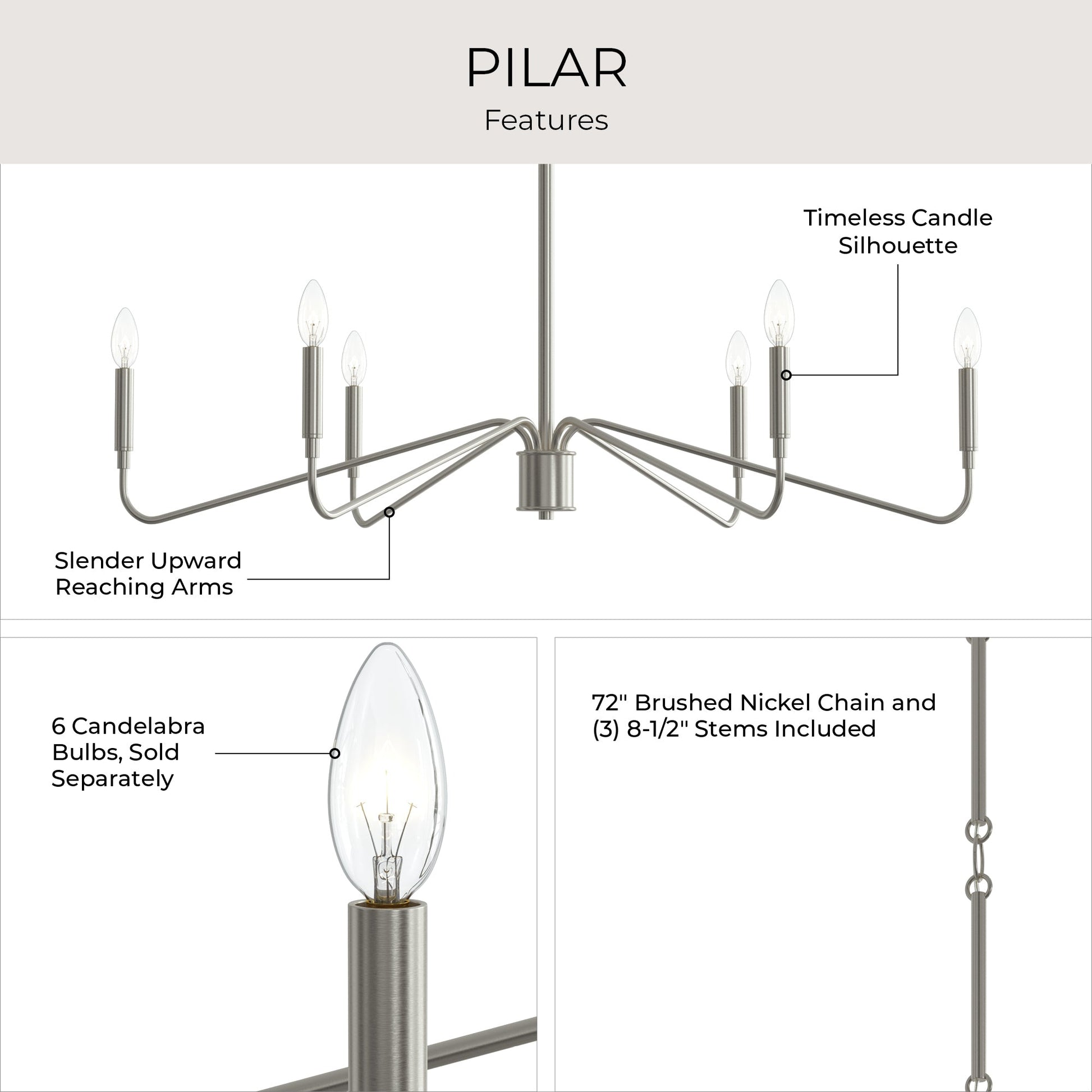 Progress Lighting P400472-009 Pilar Chandelier - Feature Infographic (Candle Silhouette, Slender Arms, 6 Candelabra Bulbs)
