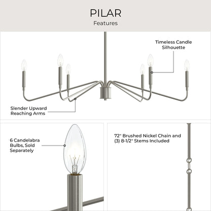 Progress Lighting P400472-009 Pilar Chandelier - Feature Infographic (Candle Silhouette, Slender Arms, 6 Candelabra Bulbs)