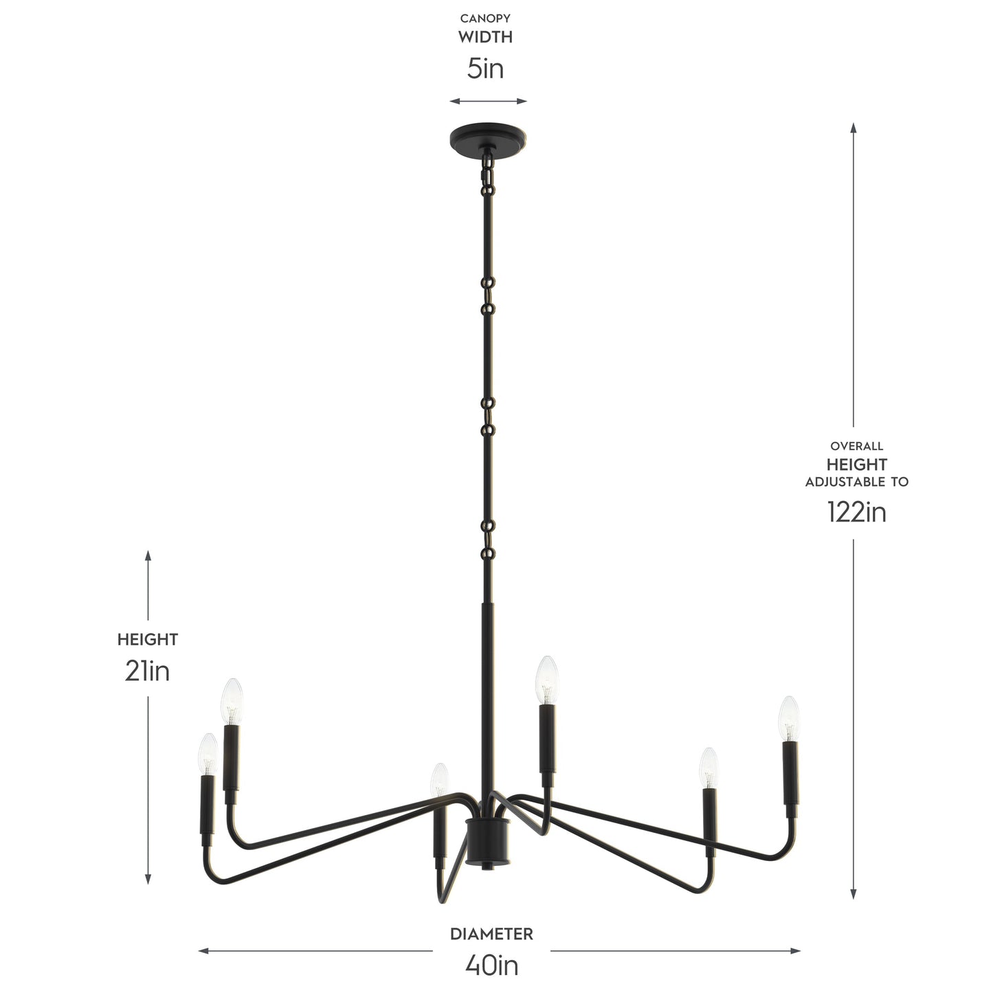 Progress Lighting P400472-31M Pilar Matte Black Chandelier - Dimensions Diagram