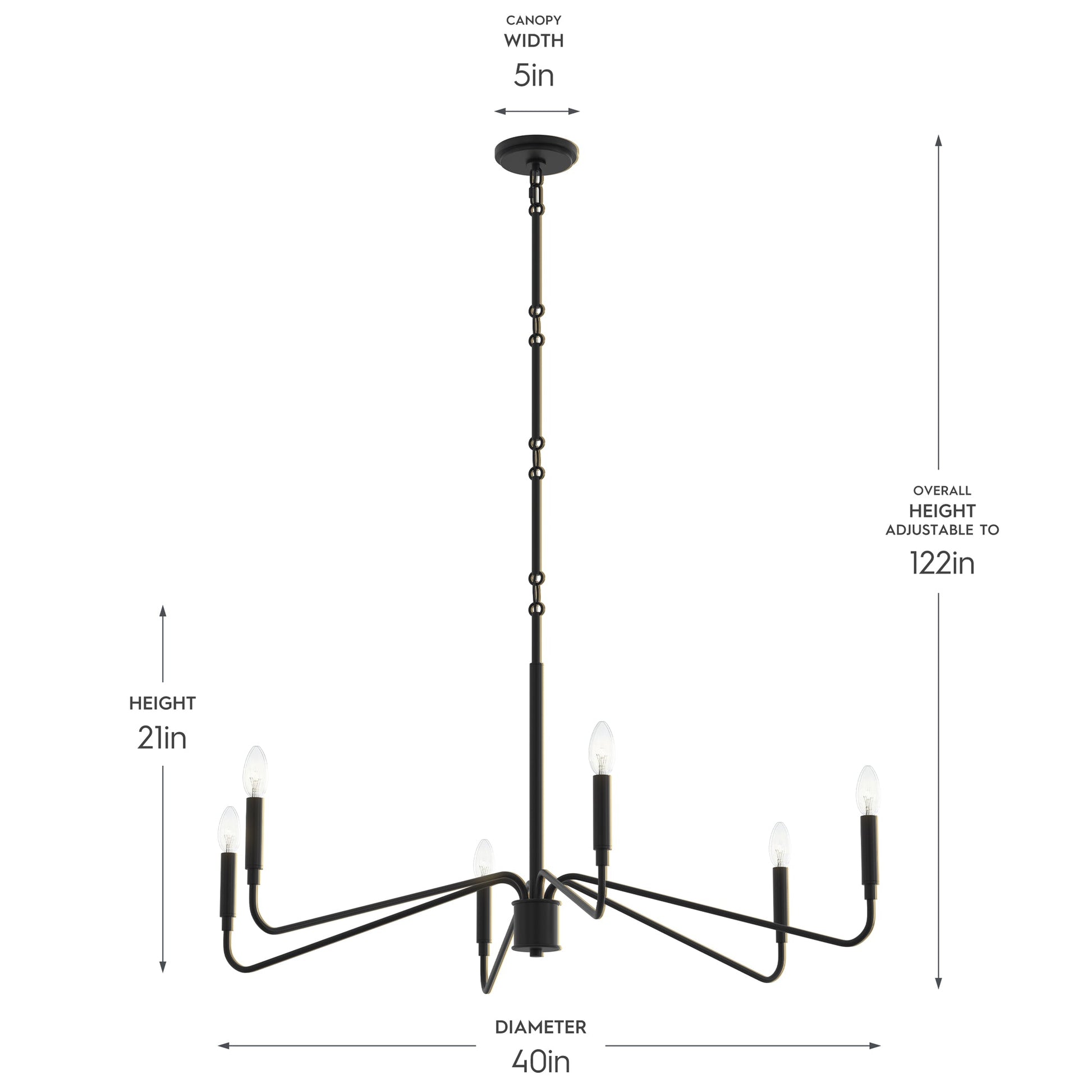 Progress Lighting P400472-31M Pilar Matte Black Chandelier - Dimensions Diagram
