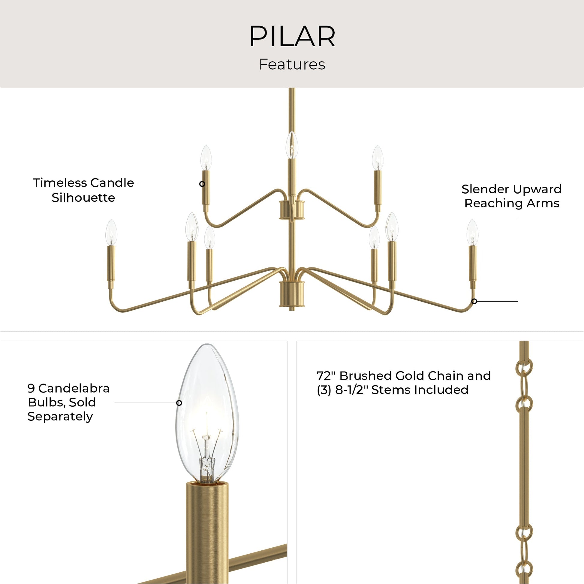 Progress Lighting P400474-191 Pilar Chandelier Features Infographic - Candle Silhouette and Slender Arms