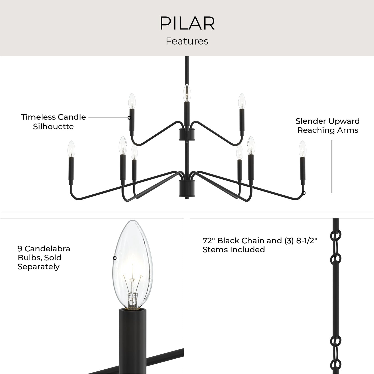Progress Lighting P400474-31M Pilar Chandelier Features Infographic